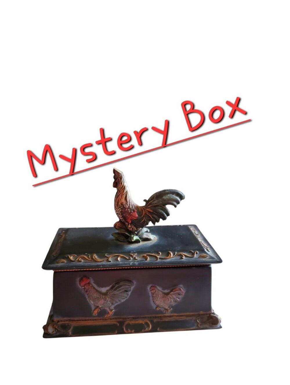 Vtg. Sculpted Rooster/Hen  Chicken Trinket Box W/ Full Mystery Jewelry Included